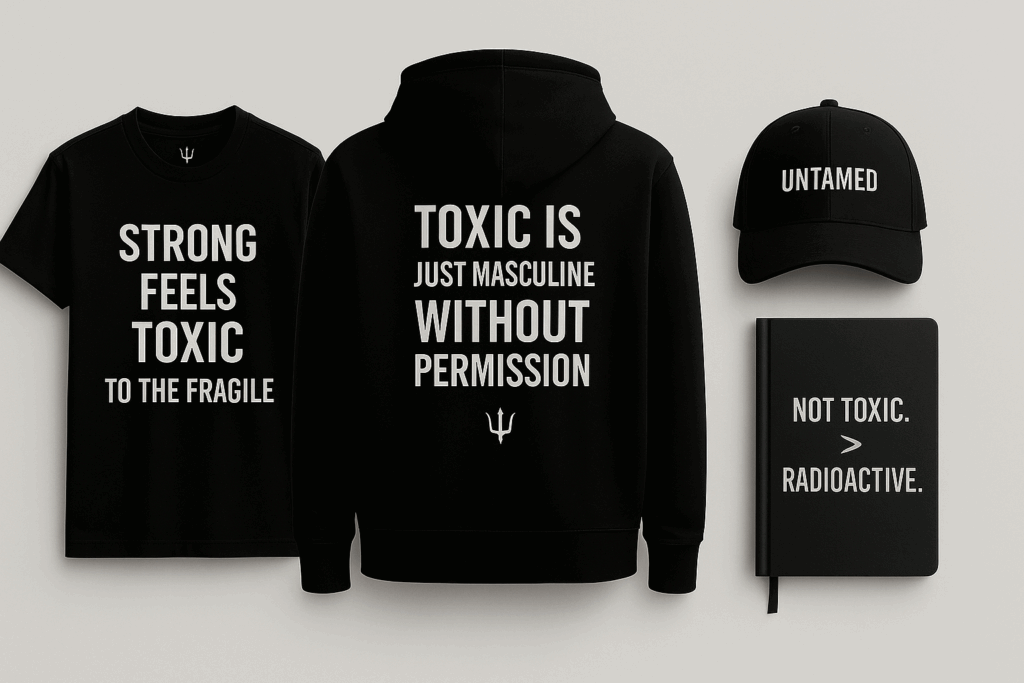 Black masculine-themed merchandise including a hoodie, T-shirt, cap, and journal with bold anti-fragility and pro-masculine slogans in white text. The journal reads: “NOT TOXIC. > RADIOACTIVE.”