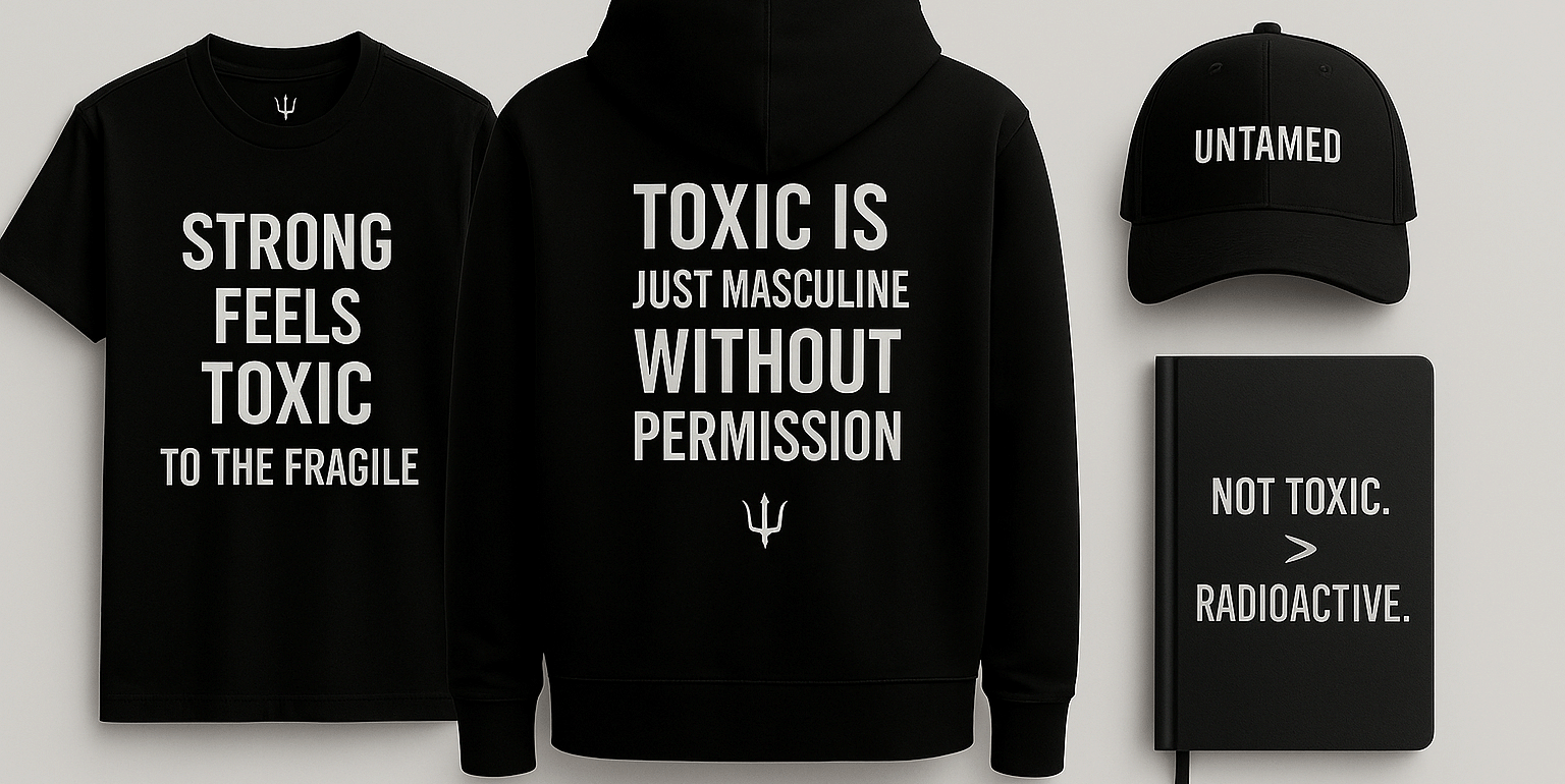 Black masculine-themed merchandise including a hoodie, T-shirt, cap, and journal with bold anti-fragility and pro-masculine slogans in white text. The journal reads: “NOT TOXIC. > RADIOACTIVE.”